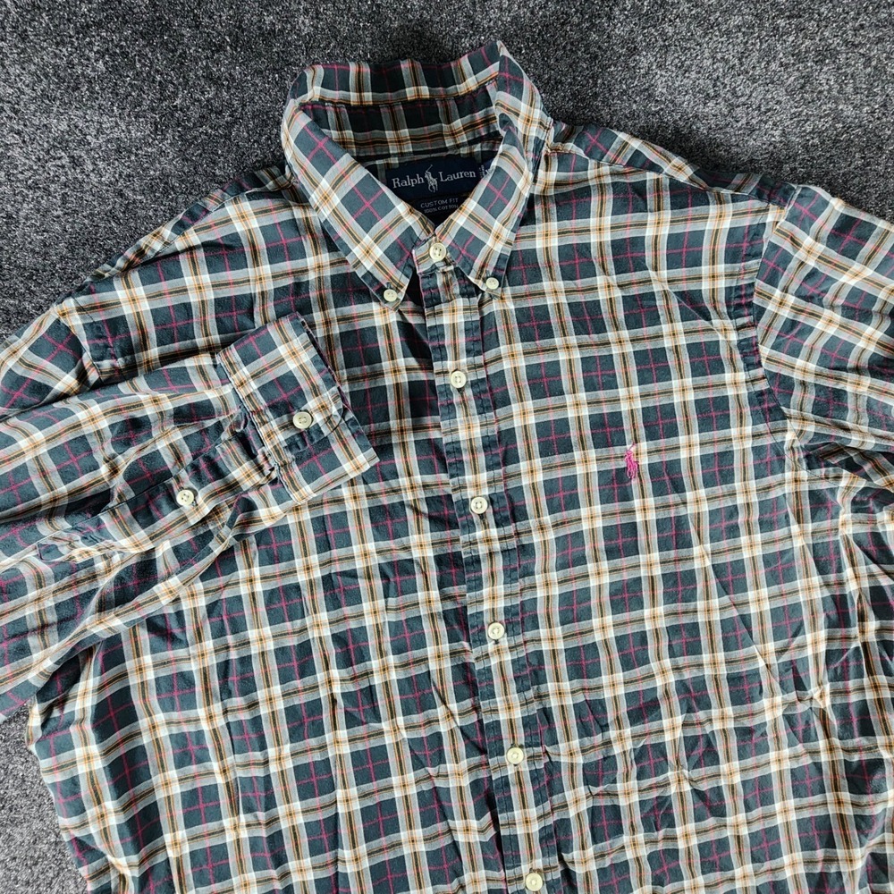 Ralph Lauren Custom Fit Plaid Shirt Mens XL Navy Green Pink Pony Button‎ Down